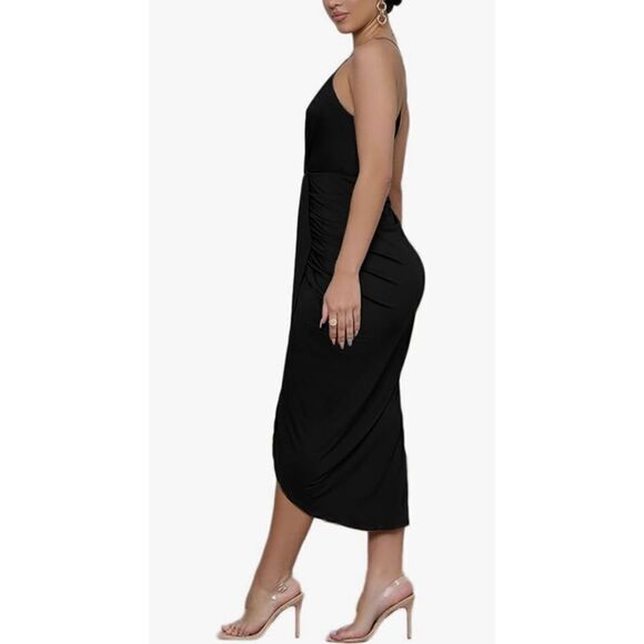 NEW LYANER V Neck Ruched Wrap Slit Spaghetti Strap Midi Dress S - Picture 2 of 5